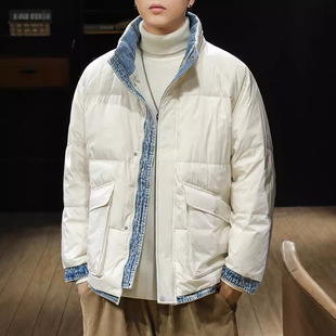 冬季潮牌工装立领羽绒服男2024新款牛仔拼接85白鸭绒保暖外套男款