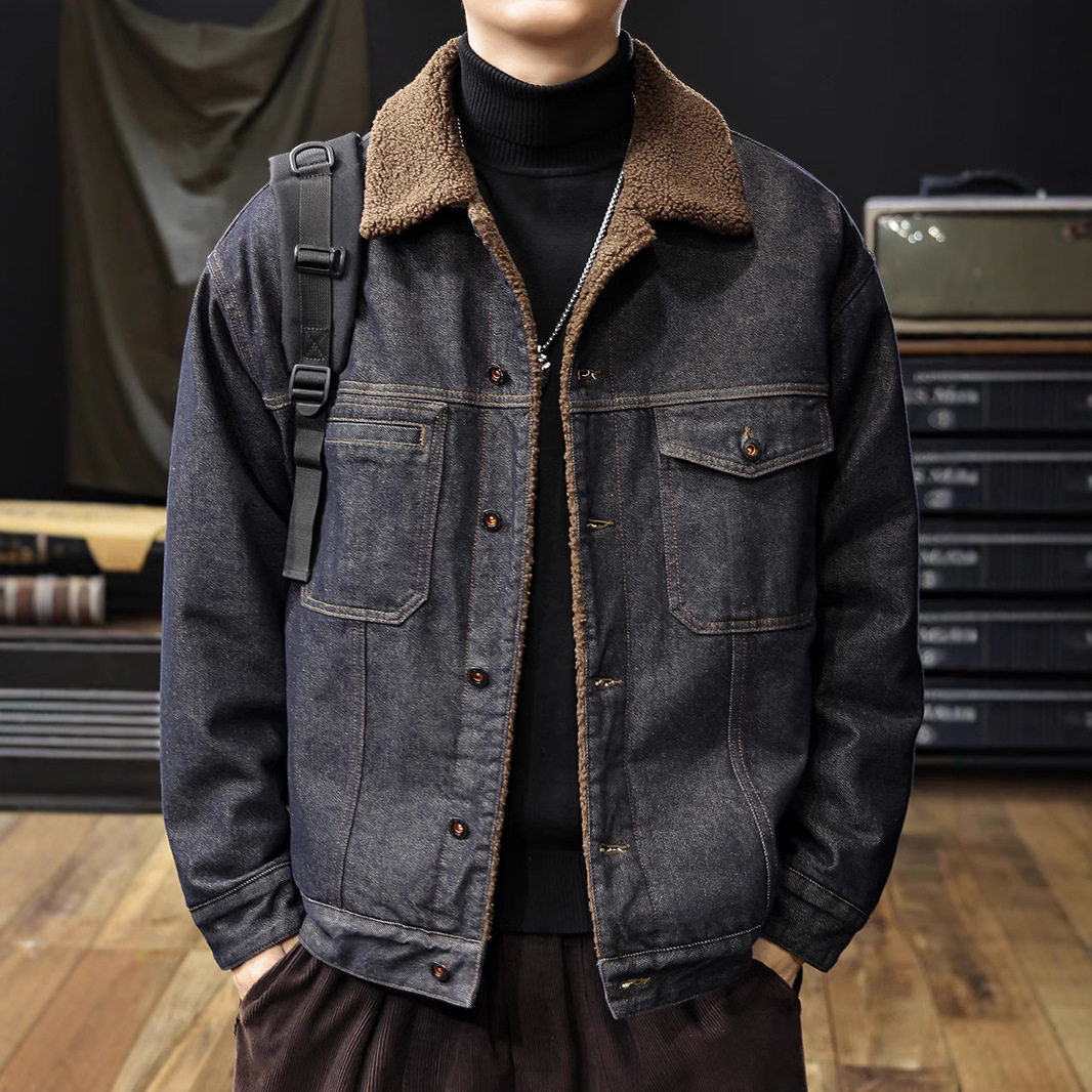 美式原浆丹宁羊羔绒牛仔外套男2024冬季新款加绒加厚保暖棉服夹克