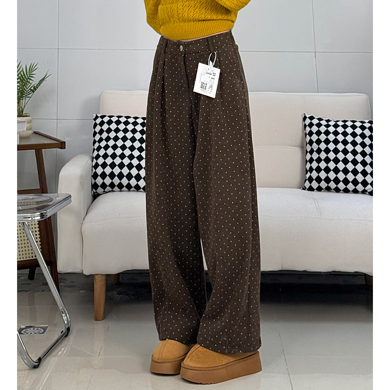 棕色灯芯绒高腰波点阔腿裤女宽松直筒休闲裤显瘦小个子垂感长裤子