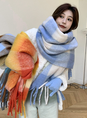 虞书欣同款蓝白格子围巾女冬季新款百搭加厚保暖流苏情侣围脖男潮