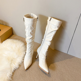 气质真皮褶皱堆堆靴女细跟尖头不过膝皮带扣长筒靴2025年冬季 新款