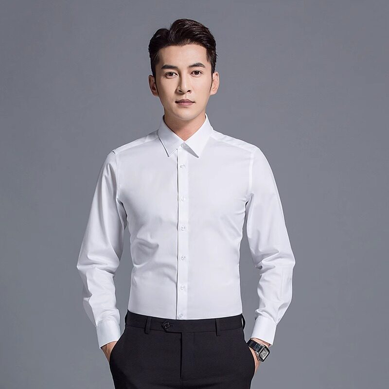 男长袖衬衫纯色平纹商务免烫修身寸衣白衫衬衣休闲百搭丝光棉白色