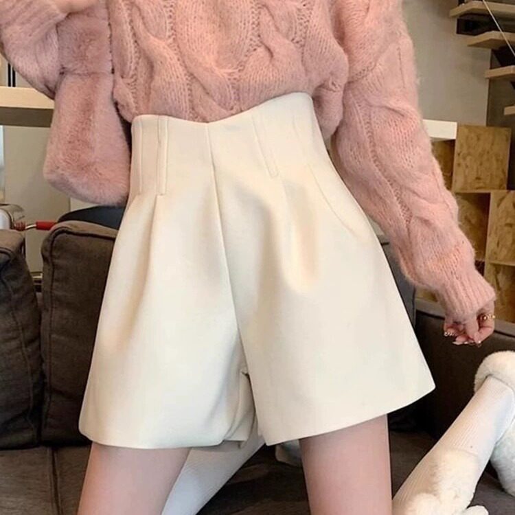 高腰毛呢短裤女秋冬外穿新款秋季显瘦休闲阔腿裤冬季黑色打底靴裤