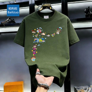 夏季新款潮流圆领短袖男高街宽松五分袖t恤上衣清仓