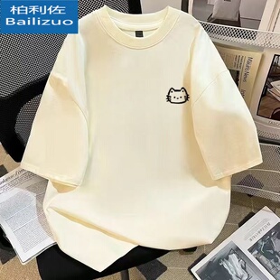 美式复古印花短袖t恤男装宽松夏季百搭ins潮流卡通个性五分袖上衣