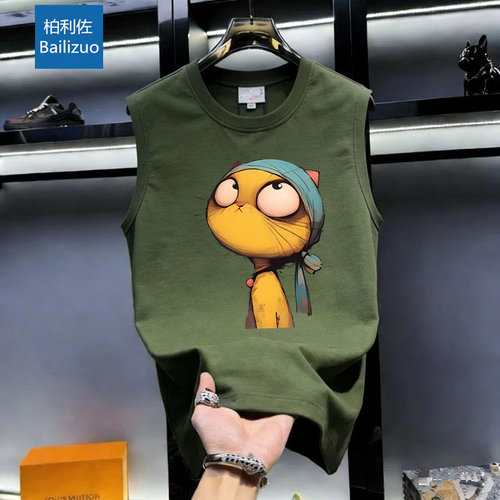 无袖运动坎肩背心男生夏季潮流个性百搭印花t恤大码宽松上衣