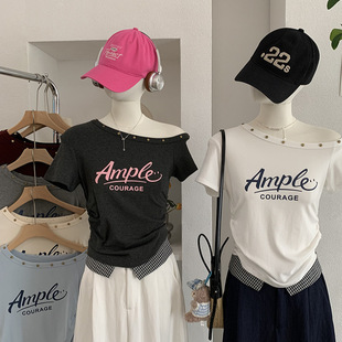 实拍6808 T恤女春夏季 铆钉斜领露肩膀字母印花修身 显瘦短袖