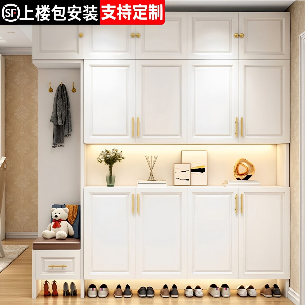 实木鞋柜家用门口简约大容量入户玄关柜一体多层置物柜子储物鞋架