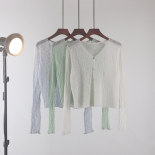 薄纱缕空空调衫长袖百搭夏天薄款蓝色肌理感防晒开衫女气质温柔潮