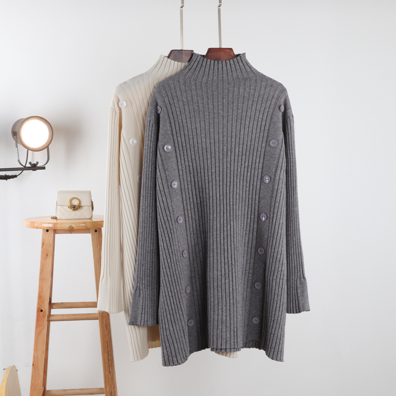 2025秋季中长款半高领毛衣女宽松双排扣慵懒风加厚套头打底针织衫