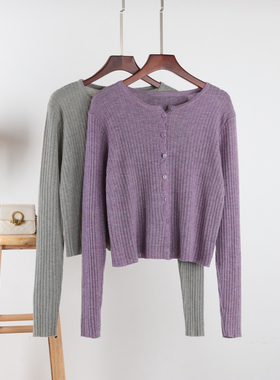 2025新款圆领紫色短款长袖针织开衫柔软羊绒宽松毛衣外套外搭上衣