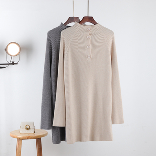 针织衫 2025秋季 木耳边坑条中长款 加厚chic半高领纽扣气质款 女 韩版