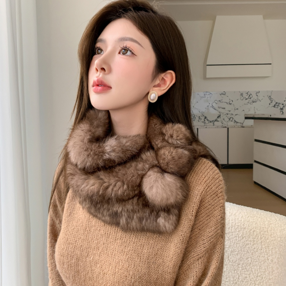 兔毛双面编织大围脖小披肩球球