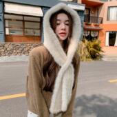 保暖围巾帽子一体皮草帽 新水貂编织风雪帽 冬季 男女户外裘皮帽子