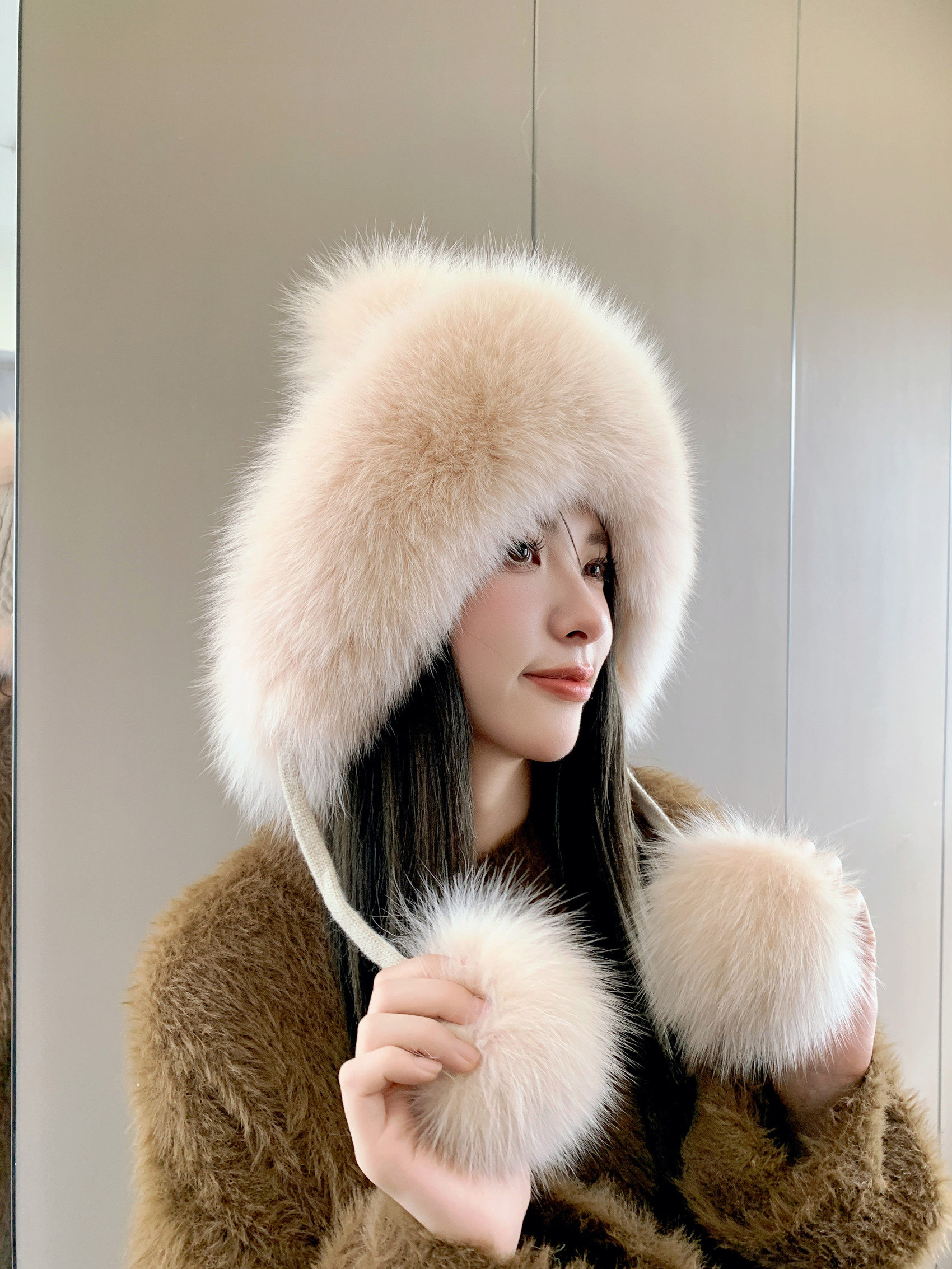 冬季新款狐狸毛皮草雷锋帽 针织加绒毛线帽甜美可爱护耳保暖女帽