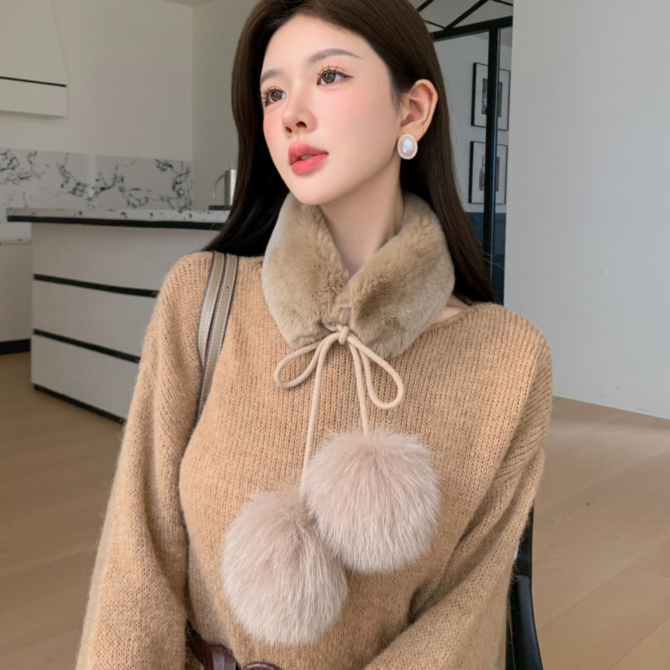 兔毛小围脖女秋冬韩版可爱狐狸毛球系带双面毛绒皮草围巾獭兔毛领