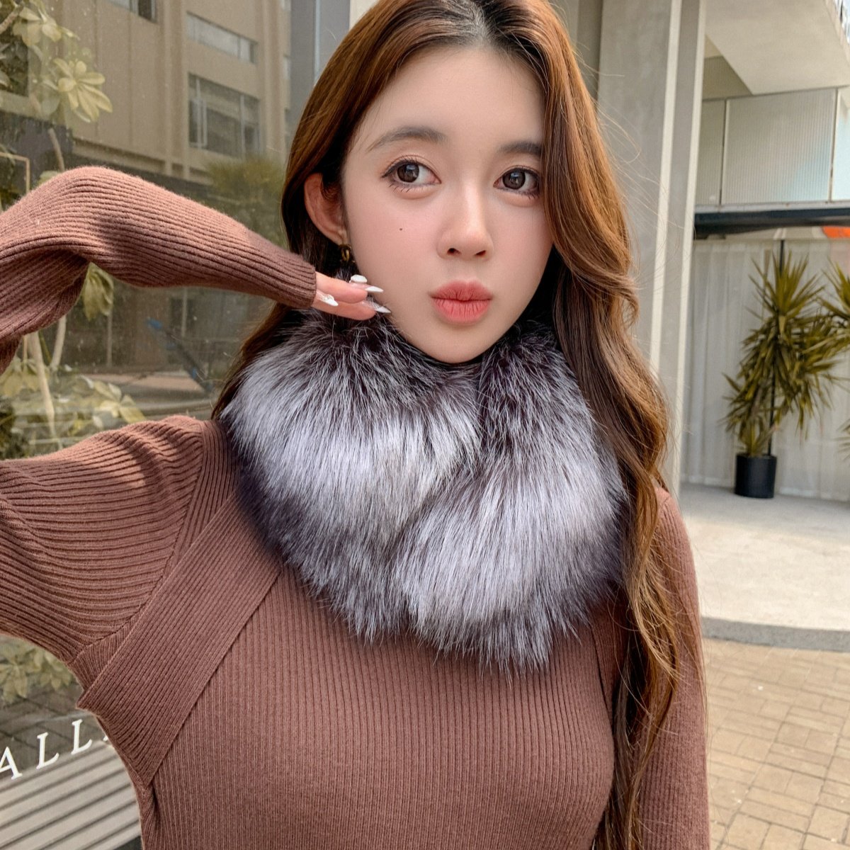 天然色狐狸毛围脖女冬季韩版加厚保暖时尚简约吸扣银狐毛领子围领