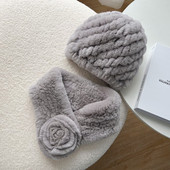 獭兔毛围巾帽子二件套冬季 女士中老年獭兔毛编织弹力保暖加厚帽