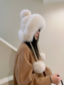 新款 冬季 保暖水貂毛编织狐狸毛护耳皮草帽子女可爱真毛球球风雪帽