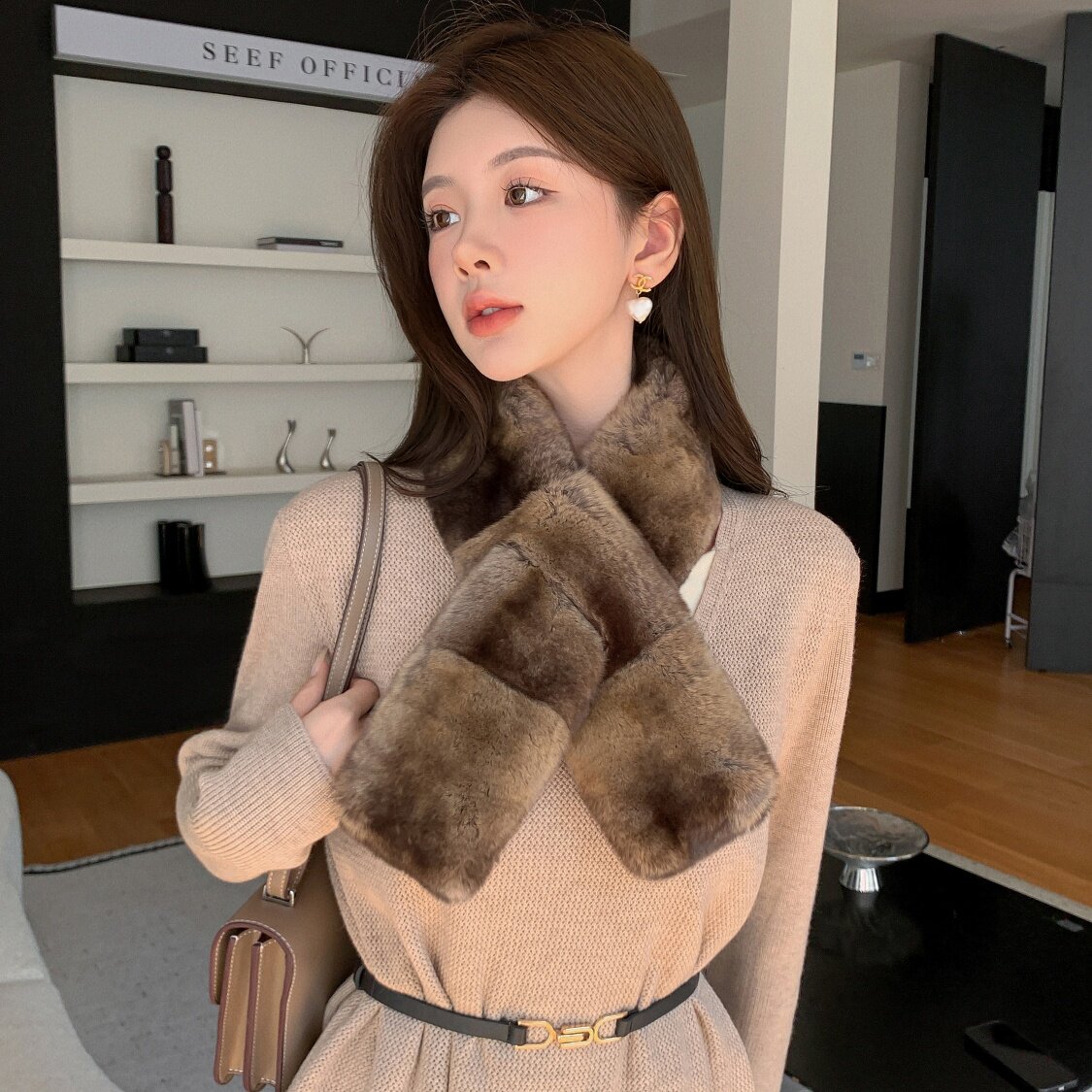 龙猫色青紫蓝本色獭兔毛匠心双面围巾奢华气质百搭围脖