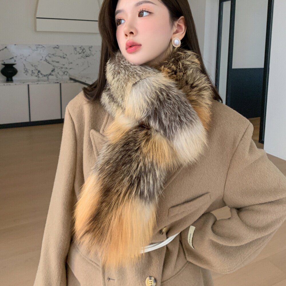 天然红狐原色整只狐狸毛大气感皮草宽版大围巾秋冬气场裘皮围脖女