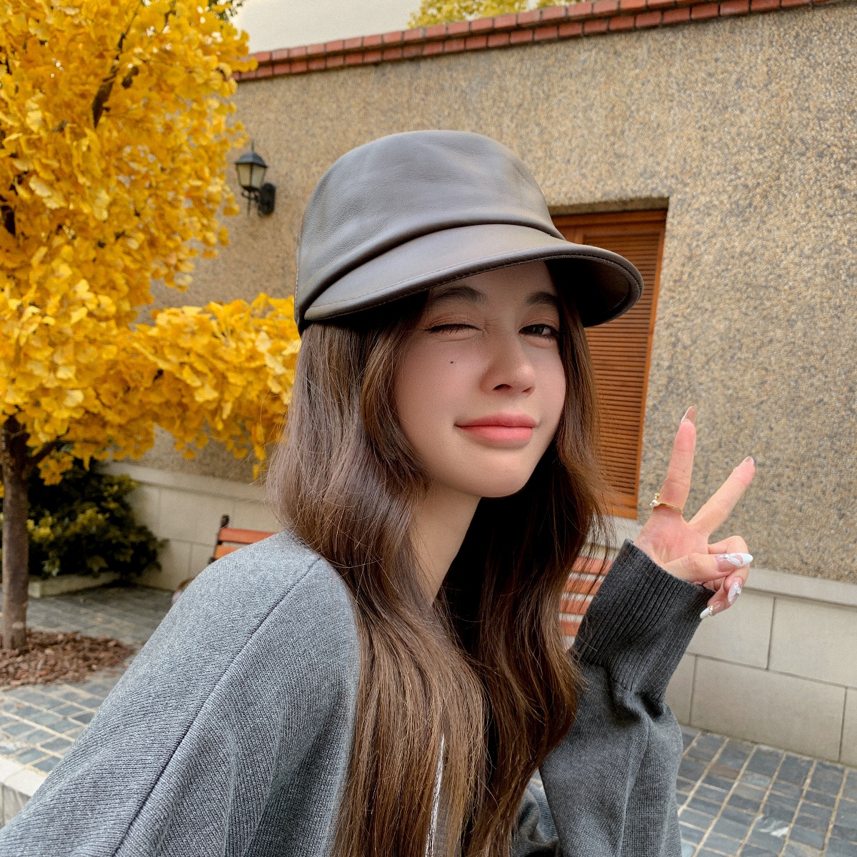 女士中青年马术帽真皮棉羊皮秋冬季骑士帽保暖新款皮鸭舌帽子复古
