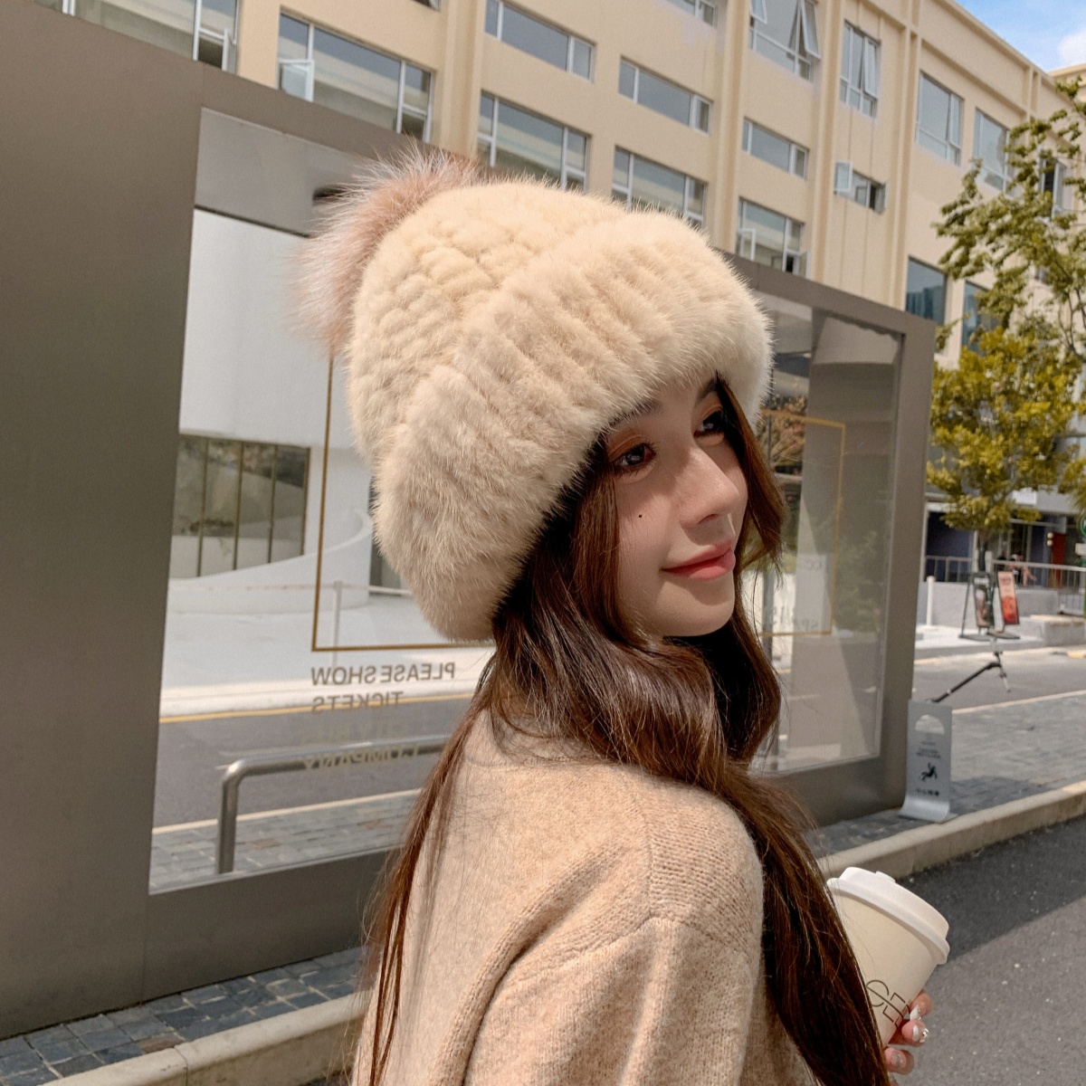 女士冬季皮草帽子水貂毛休闲编织弹力甜美女帽狐狸毛球针织贝雷帽