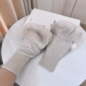 獭兔毛配针织手套韩国可爱露指毛毛手筒冬季 皮草连指手套 女士