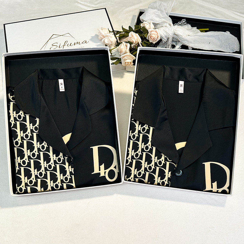 斯服玛睡衣女款冰丝短袖长裤时尚高级感情侣款夏季家居服男礼盒装