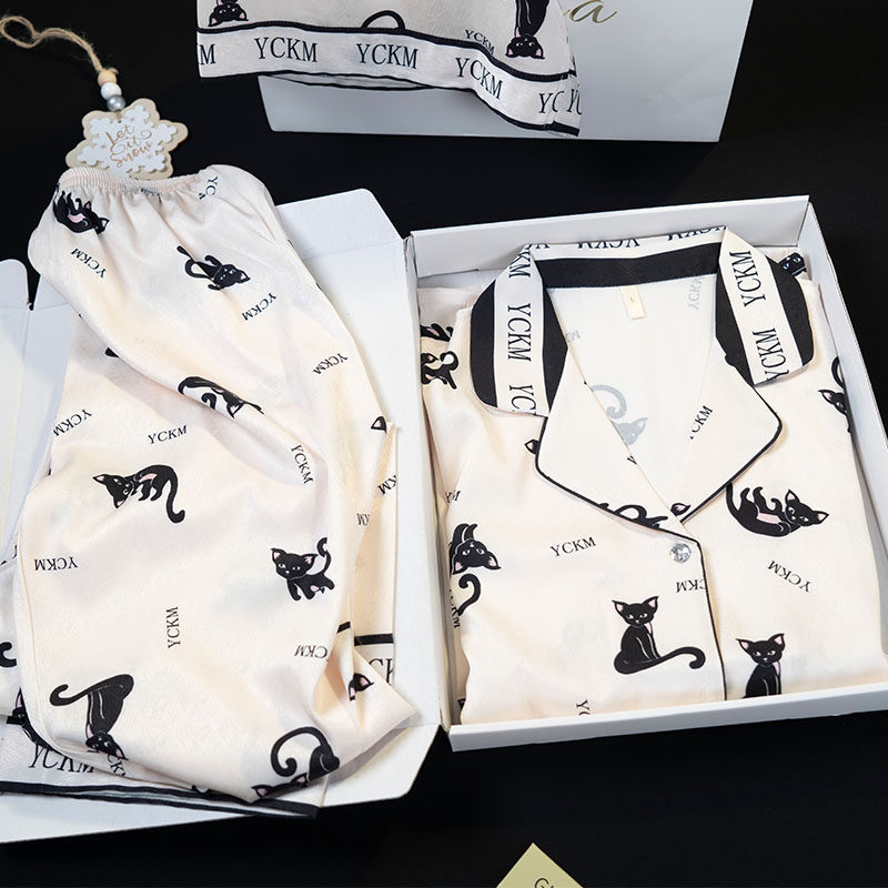 斯服玛睡衣女款2024新款春款冰丝短袖黑猫两件套夏季家居服礼盒装,女士内衣/男士内衣/家居服,睡衣/家居服套装,淘宝优惠券,粉丝福利购,淘宝优惠卷