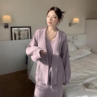 家居服睡衣 纯色V领气质两件套冬季 斯服玛名媛风睡裙女秋冬款 法式