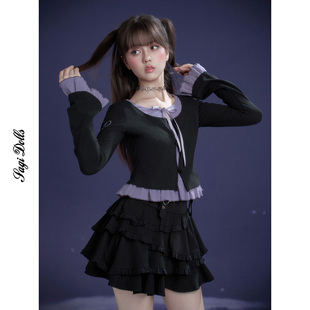 SagiDolls少女斗志 甜美浪漫黑紫假两件荷叶边上衣纯欲T恤 雾之藤