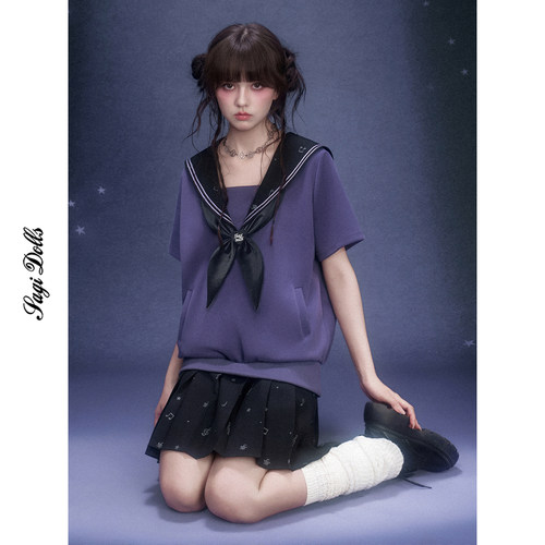 SagiDolls少女斗志不挑身材!深紫音符水手领金鱼结连衣裙学院风夏