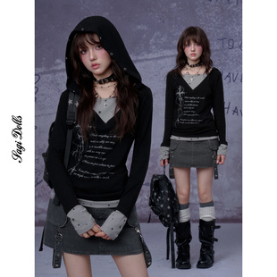 SagiDolls少女斗志马丁女友黑色假两件涂鸦印花带帽T恤酷辣地下亚