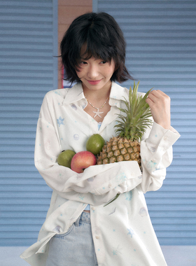 SagiDolls少女斗志*不败的夏天 白色海洋印花丝滑清凉衬衫防晒夏