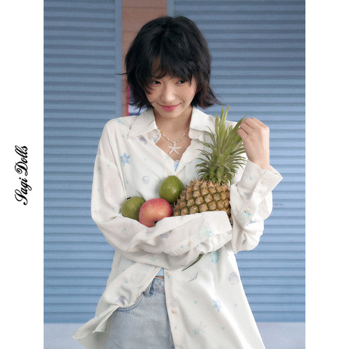 SagiDolls少女斗志*不败的夏天 白色海洋印花丝滑清凉衬衫防晒夏