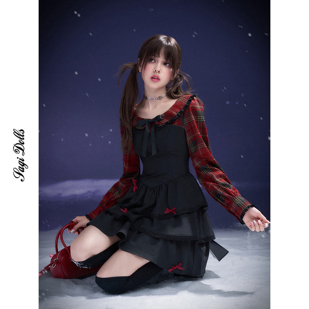 SagiDolls少女斗志 2025情人节红黑格假两件蛋糕连衣裙演唱会遮肚