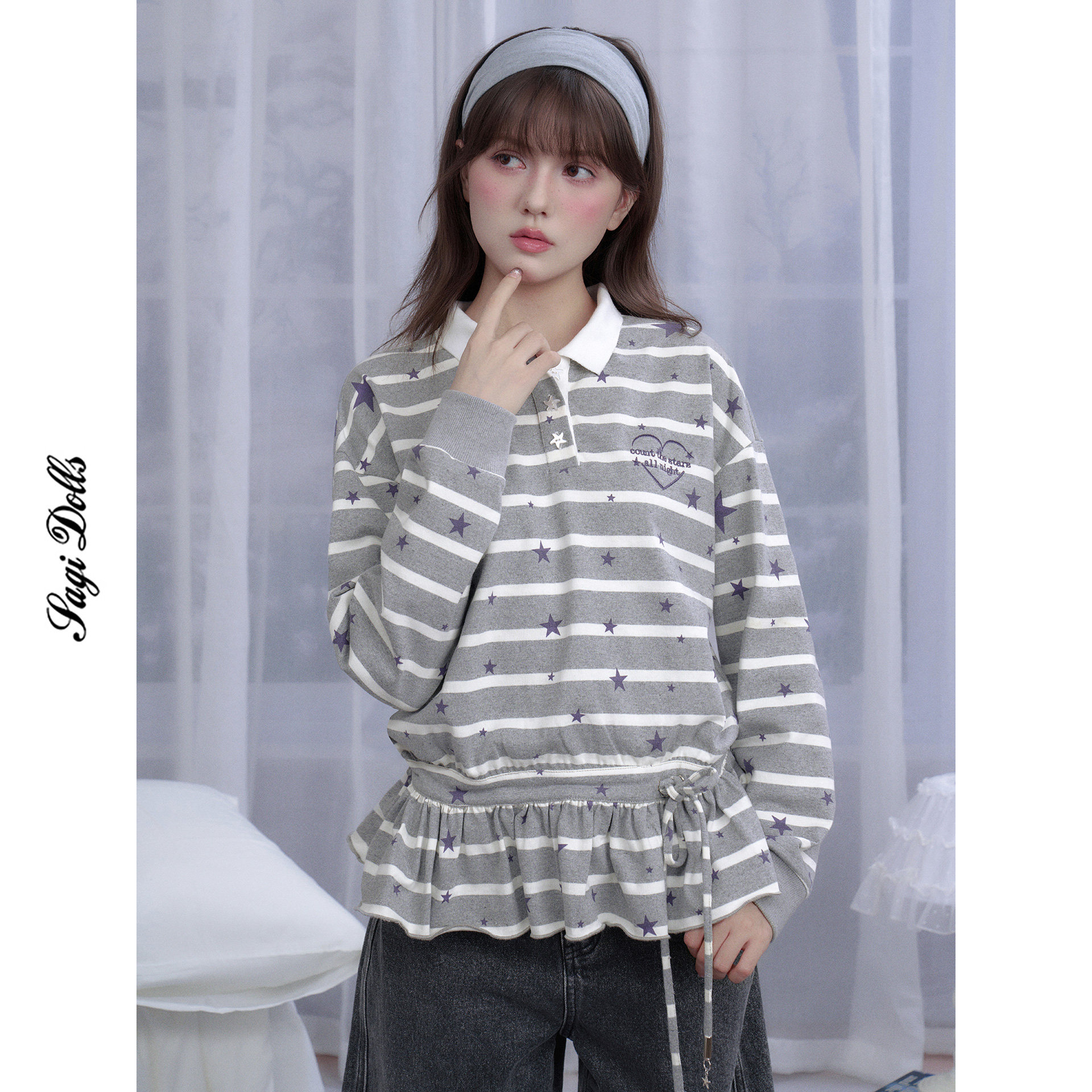 SagiDolls少女斗志显瘦减龄!百搭灰色条纹星星印花Polo上衣甜酷秋,女装/女士精品,T恤,淘宝优惠券,粉丝福利购,淘宝优惠卷