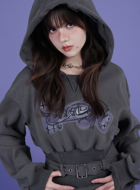 SagiDolls少女斗志 时髦辣妹灰色连帽印花抓绒收腰加厚卫衣连衣裙