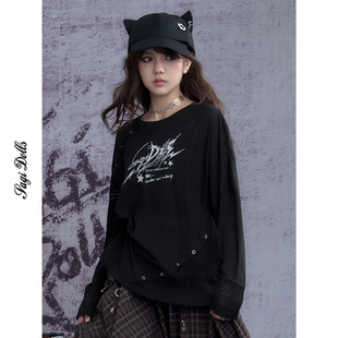 T恤街头风宽松显瘦秋 SagiDolls少女斗志暗黑拼接设计针织镂空长袖