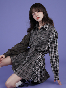 甜酷拼接设计格子宽松休闲衬衣连衣裙 SagiDolls少女斗志叠穿王者