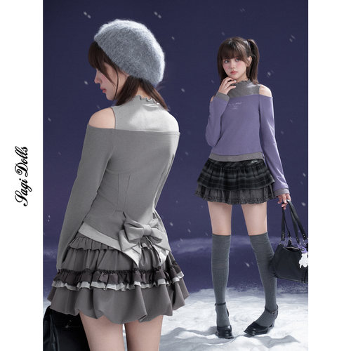 SagiDolls少女斗志后背蝴蝶结灰紫双色纯欲甜美半高领露肩T恤百搭