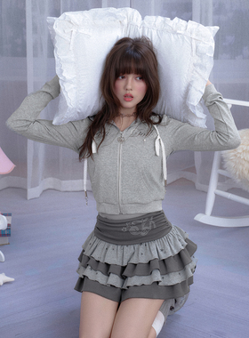 SagiDolls少女斗志 甜酷灰色星星烫钻连帽短款卫衣小个子显高乖巧