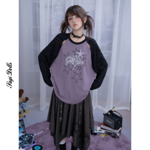 SagiDolls少女斗志甜酷黑紫星星印花镂空插肩袖 宽松T恤显瘦百搭秋