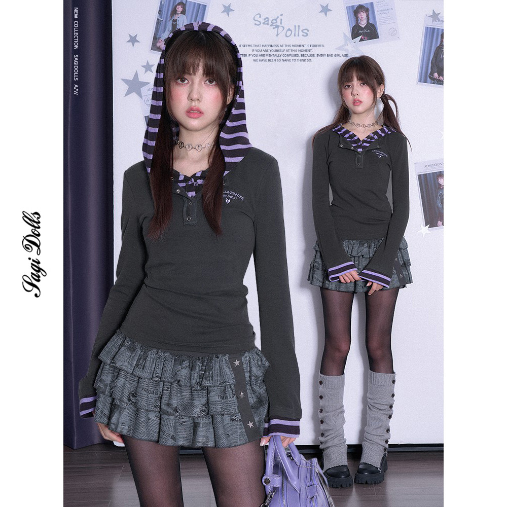 SagiDolls少女斗志#心碎小恶魔#甜酷灰紫拼接假两件长袖带帽T恤春