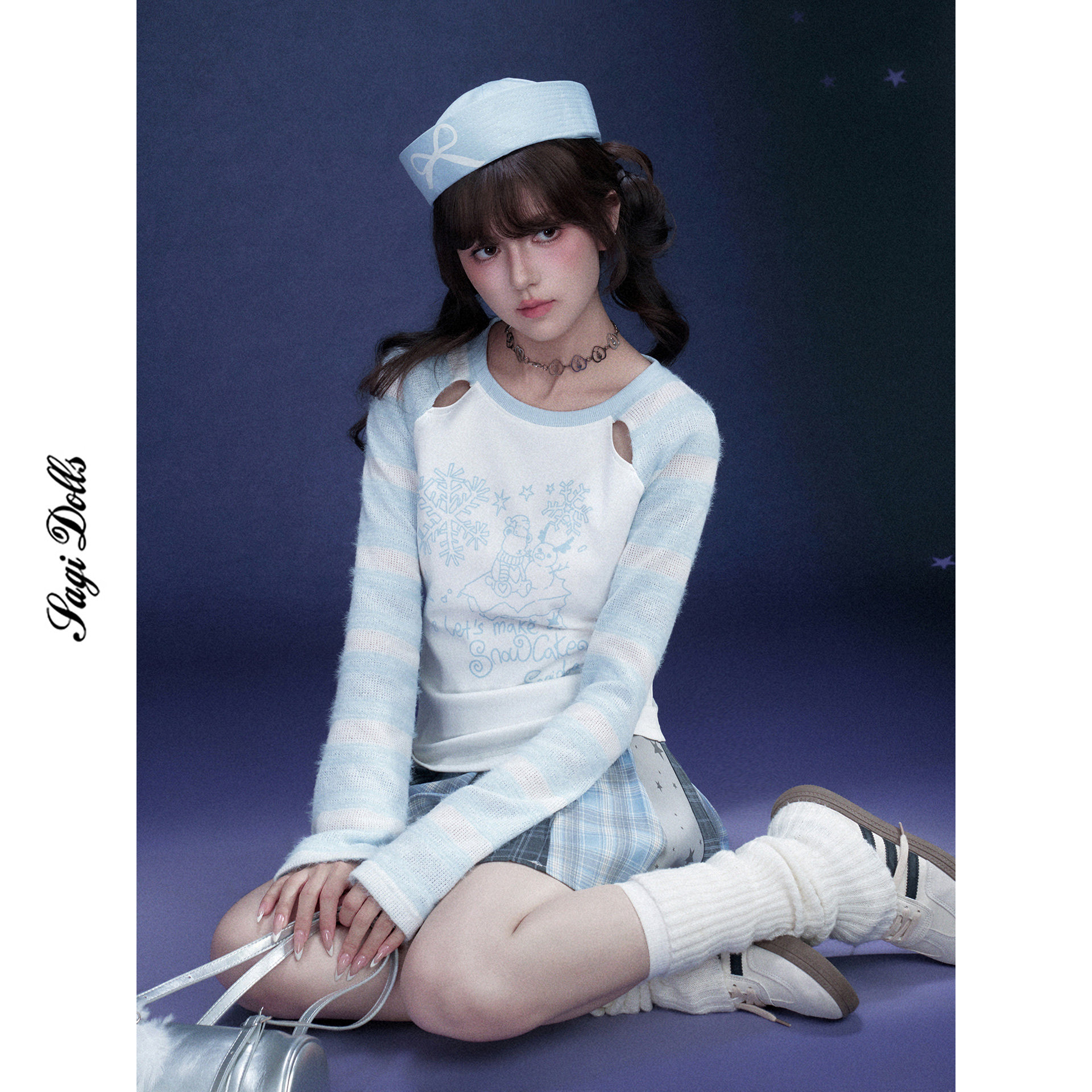 SagiDolls少女斗志软糯治愈蓝白条纹雪人印花插肩袖T恤可爱显瘦春,女装/女士精品,T恤,淘宝优惠券,粉丝福利购,淘宝优惠卷