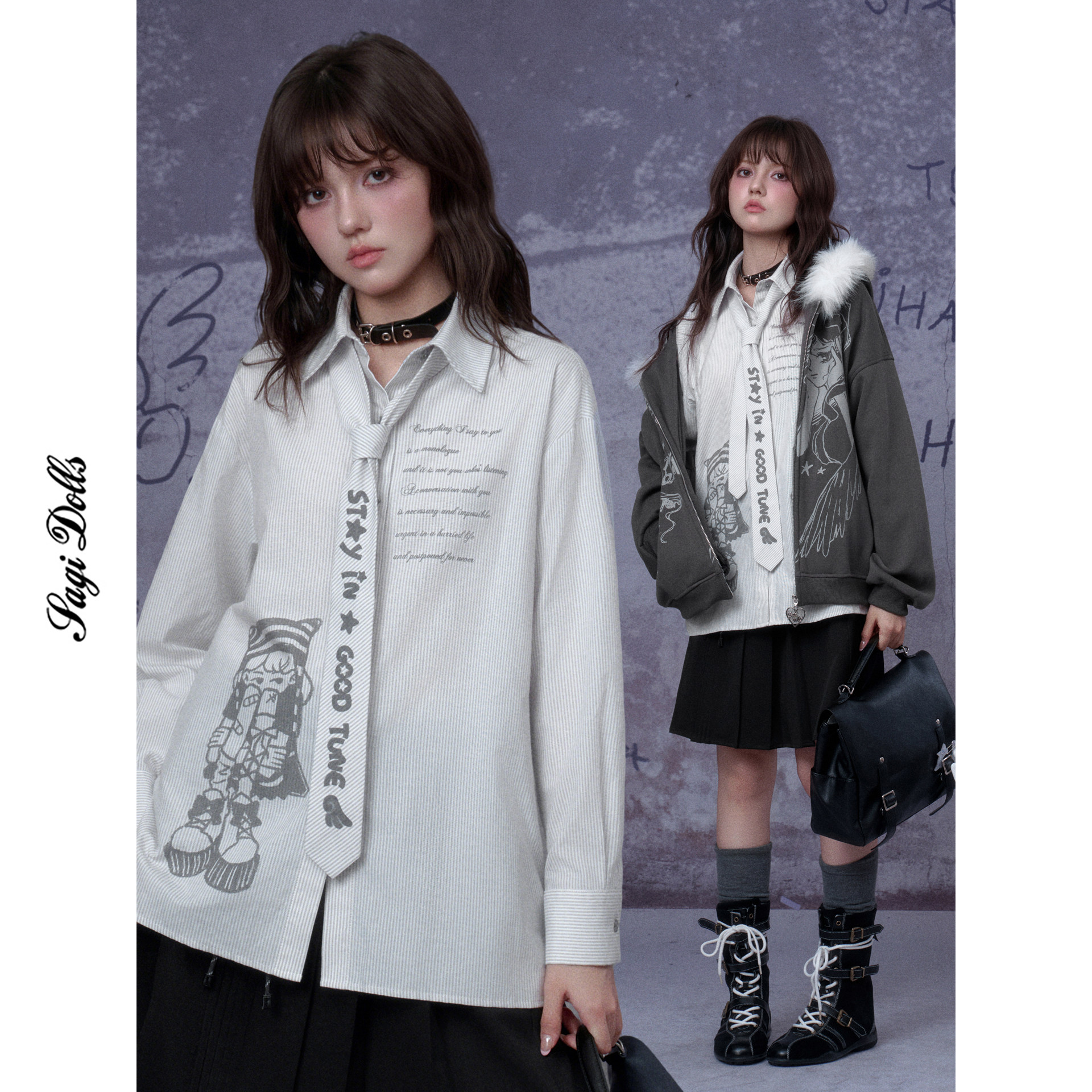 SagiDolls少女斗志 俏皮甜酷灰白条纹原创漫画印花衬衫小众送领带