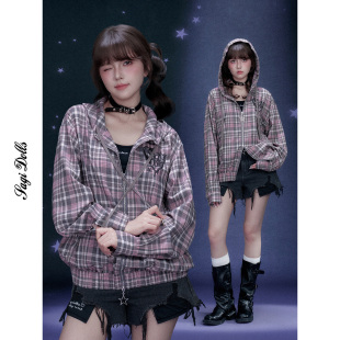 SagiDolls少女斗志 外套宽松显瘦百搭春夏 甜酷街头风粉格带帽衬衫