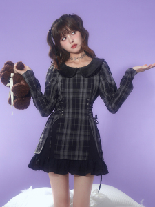 SagiDolls少女斗志经典掐腰显瘦版型!黑灰格子绑带连衣裙甜酷百搭