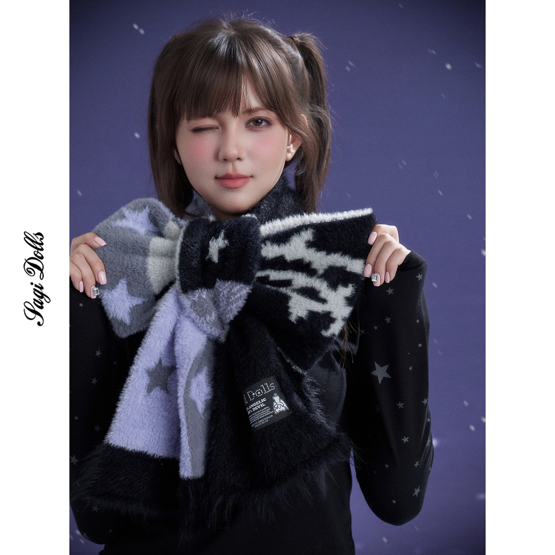 SagiDolls少女斗志 设计感原创黑紫提花仿貂毛拼接围巾加厚保暖冬